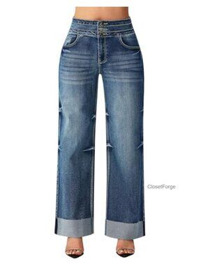 High Waisted Wide Leg Jeans Cuffed Hem Button Fly Casual Work Denim